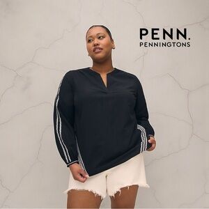 Penningtons, Embroidered Black Cotton Blouse, Plus Size 1X, Black